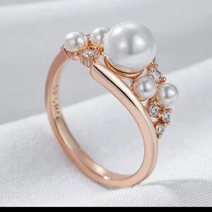 Pearl and Pave’ White Topaz Crystal 14k/585 Rose Gold Ring 9